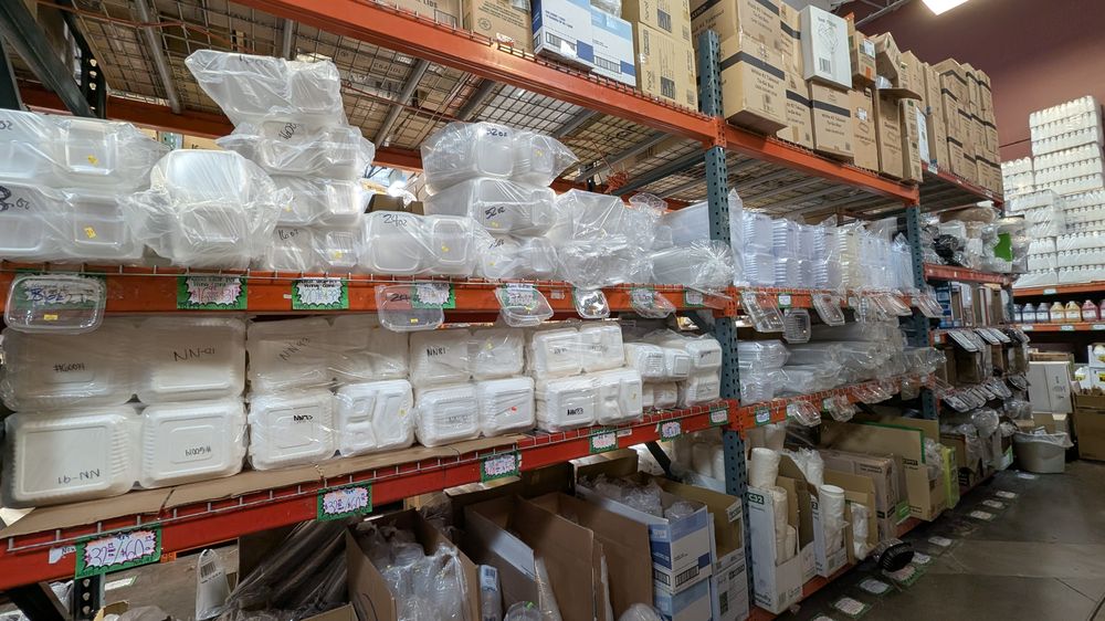 Takeout containers and foodservice supplies on the shelves